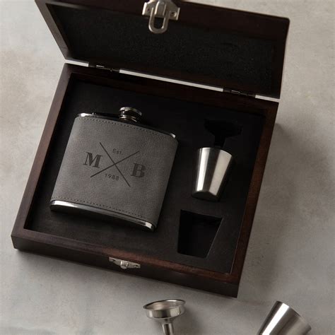 smiledrive metal hip flask gift set box|Engraved Wood Gift Box & 6 oz. Black Metal Hip Flask Set.